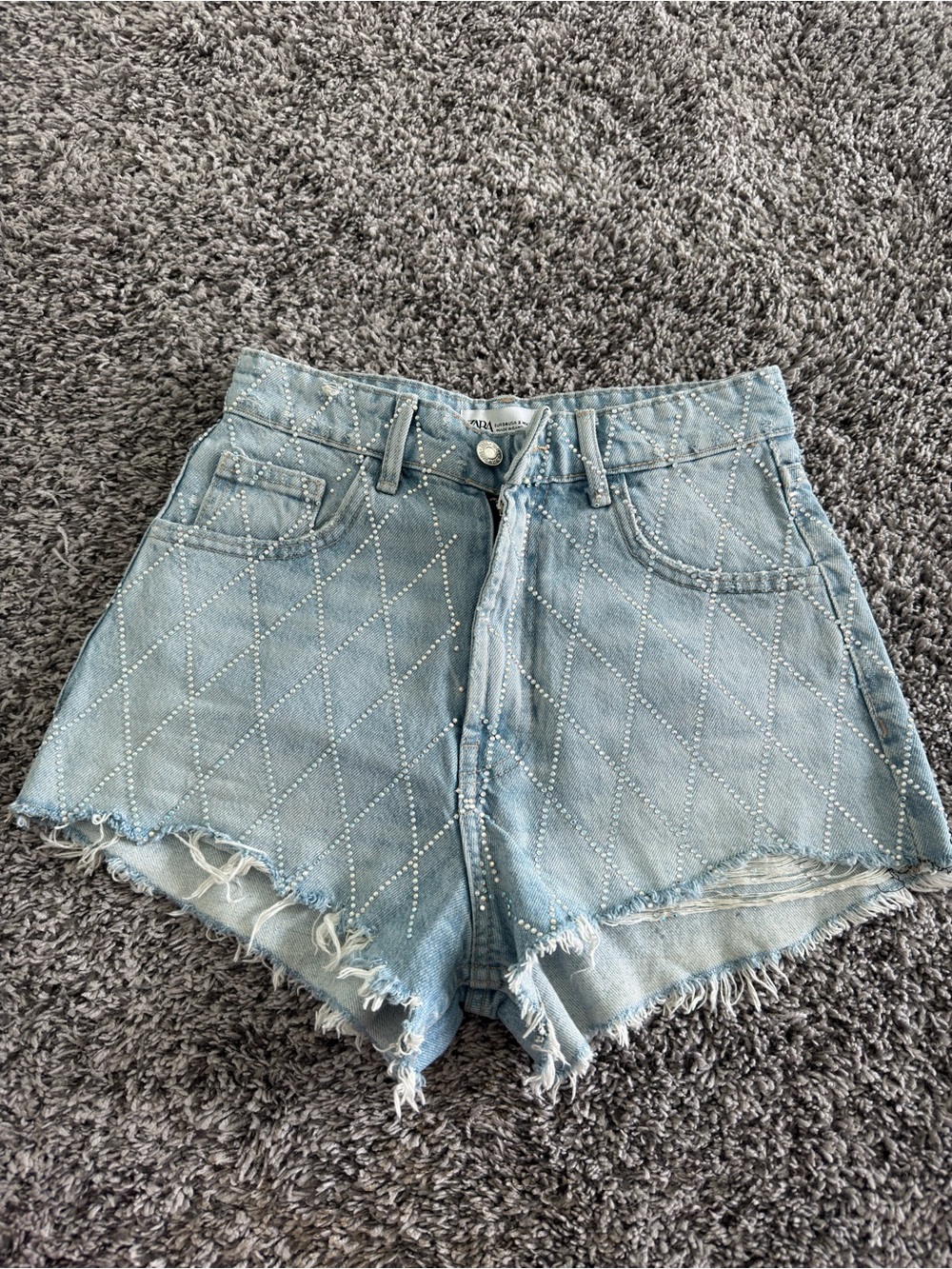 Zara Light Blue Quilted Studded Denim Shorts